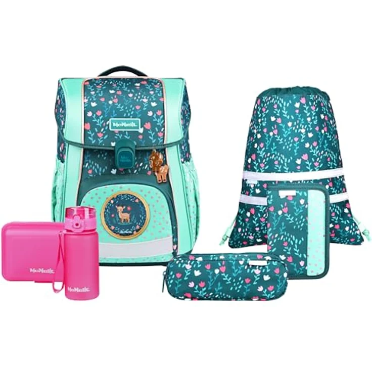 McNeill Schulranzen-Set BRAVO 9tlg. (DEARY), ergonomisch, ca. 21 L Volumen, inkl. gefülltem Etui und Sportbeutel, Blumen-Design – Bild 2