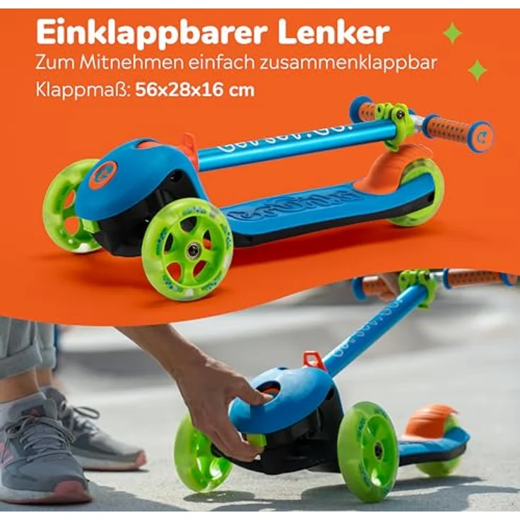 Trunki Faltroller, klappbarer 3-Rad-Scooter für Kinder von 2-6 Jahren, blau, höhenverstellbarer Lenker, leichte Aluminiumkonstruktion, hohe Stabilität – Bild 3