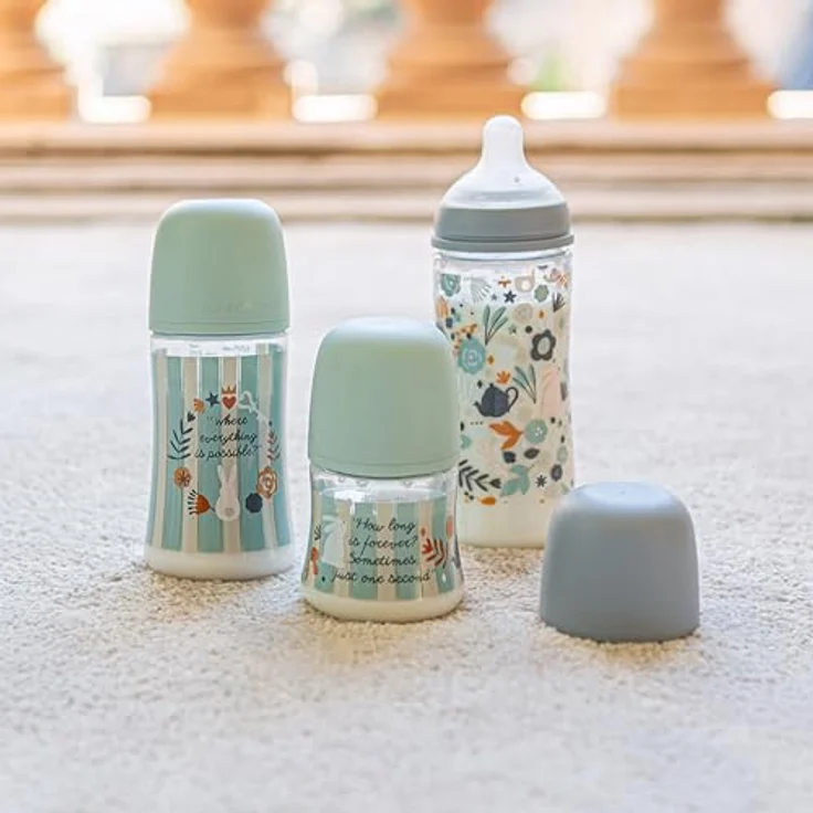 Suavinex Babyflasche 360 ml, mit physiologischem SX Pro Silikon-Sauger und Antikolik-Ventil, für Babys ab 6 Monaten, dickflüssiger Fluss-Sauger (L), Wonderland Blumen, Blau – Bild 4