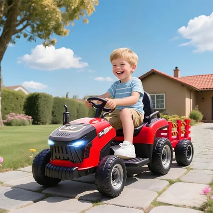 AIYAPLAY Elektrischer Kinder Traktor mit Anhänger, 3-Gang, 2 Motoren, rot, für 3-8 Jahre – Bild 2