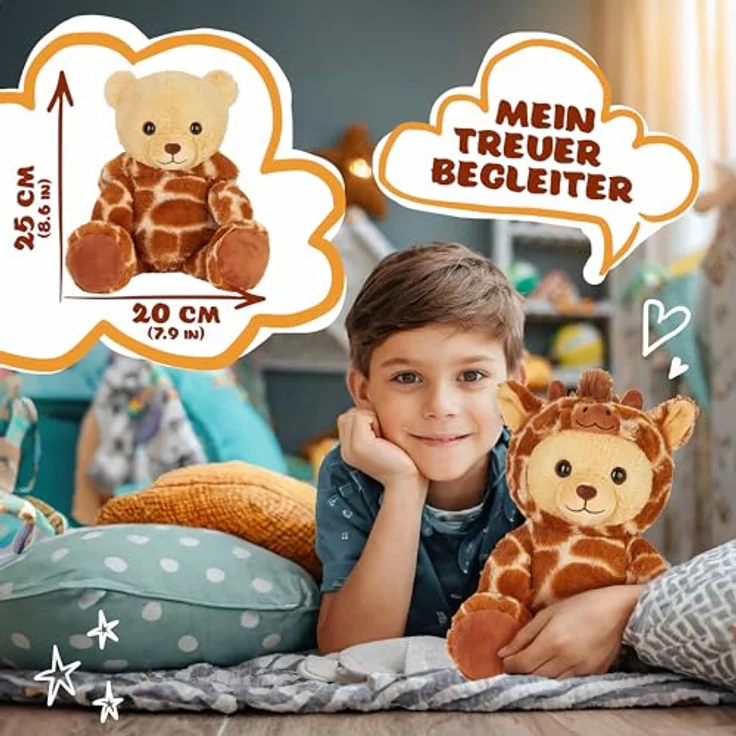BRUBIES Teddy Giraffe, 25 cm Teddybär im Giraffenkostüm mit abnehmbarer Kapuze, plüschiges Kuscheltier für Kinder, ideal als Geschenk – Bild 4
