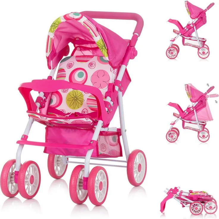 Chipolino Puppenwagen Dolly, faltbar mit verstellbarem Griff, Rückenlehne, Sicherheitsgurt und Sonnendach, 1,8 kg