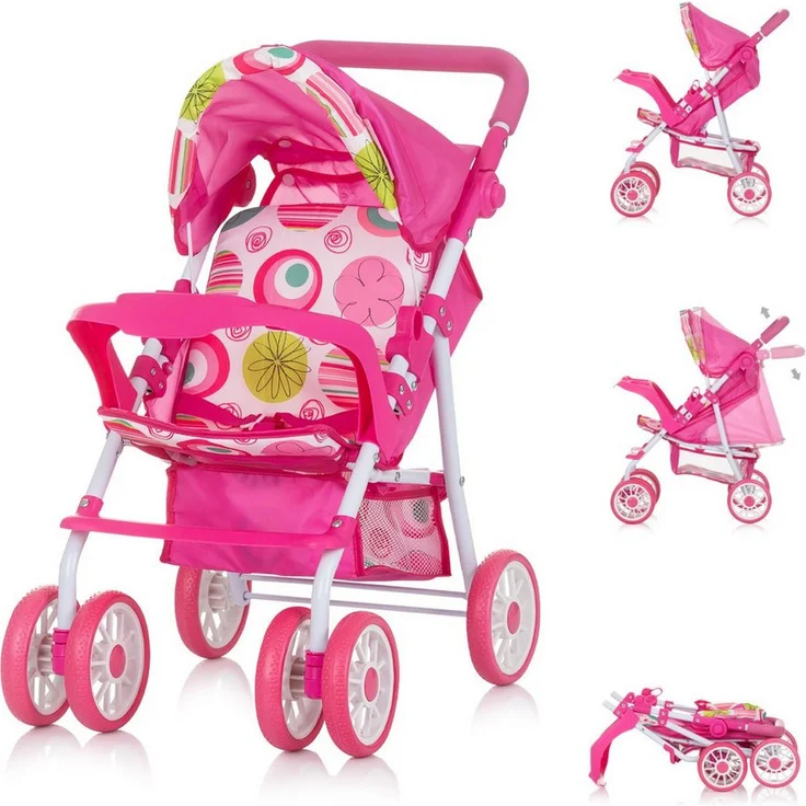 Chipolino Puppenwagen Dolly, faltbar mit verstellbarem Griff, Rückenlehne, Sicherheitsgurt und Sonnendach, 1,8 kg