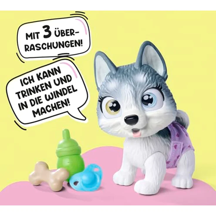 Simba Toys Pamper Petz Husky, interaktives Kuscheltier mit Trink- und Nässfunktion, 15 cm, inkl. Überraschungen und Adoptionsurkunde – Bild 3