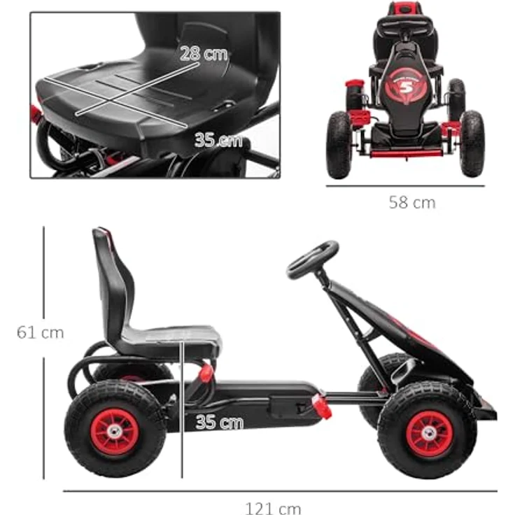 HOMCOM Go-Kart Kettcar Tretauto mit Gummireifen, für 5-12 Jahre Kinder, 121L x 58B x 61H cm, Rot&Schwarz – Bild 5