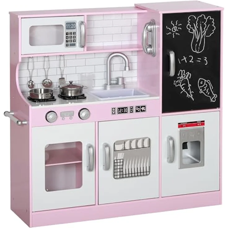 AIYAPLAY Kinderküche Spielküche mit Mikrowelle, Herd, Spüle, Kreidetafel und Spielzeug Telefon, rosa, für 3-8 Jahre, inkl. Küchenzubehör Spielset – Bild 1