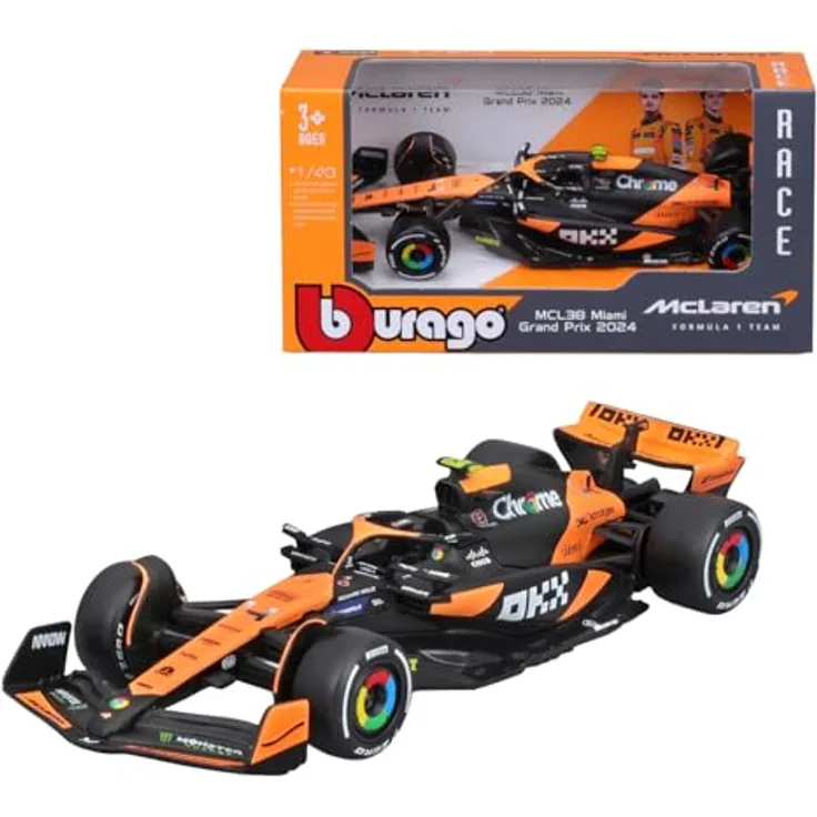 Bburago 18-38214N, Modellauto F1 McLaren MCL38 Miami Norris #4, Maßstab 1:43, detailgetreue Nachbildung mit originalgetreuer Lackierung