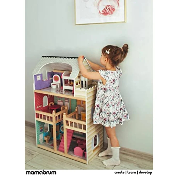 mamabrum Großes HOLZPUPPENHAUS (MDF) mit LED-Beleuchtung, Pastellfarben, 3 Etagen, 15 Möbelstücke | Geschenk für EIN Mädchen, ab 3 Jahre – Bild 3