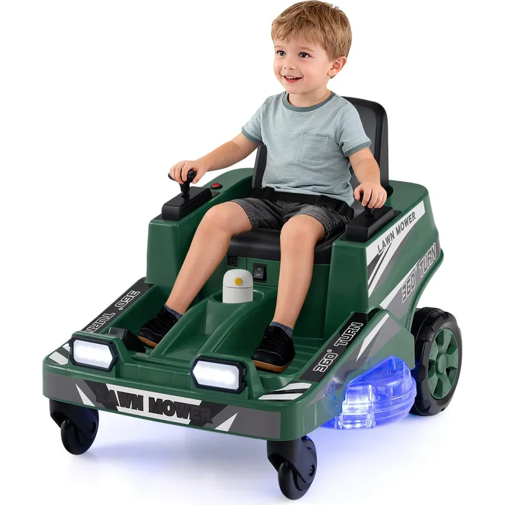 COSTWAY Kinder Elektroauto Rasenmäher 12V mit doppelten Steuerhebeln, LED-Lichtern, 360°-Drehfunktion, für Kinder ab 3 Jahre, Grün