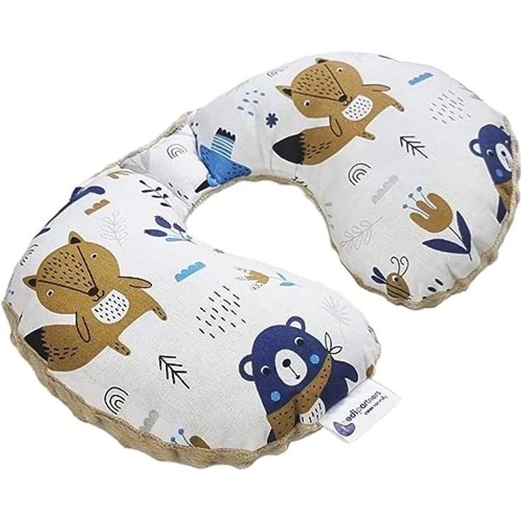 Medi Partners Nackenkissen Kinder Nackenhörnchen, 100% Baumwolle/Minky, Boho Animals mit beigem Minky, komfortable Nackenstütze für Auto und Flugzeug – Bild 1