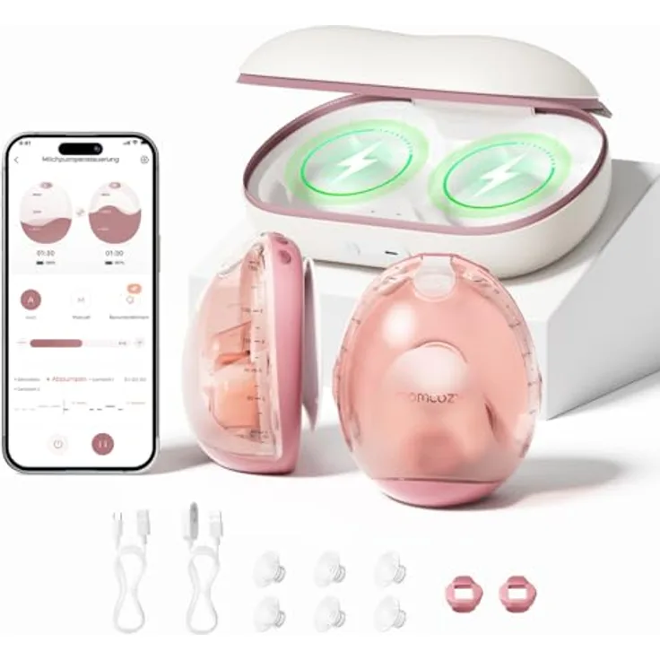 Momcozy Air 1 Ultra-Slim Elektrische Milchpumpe, tragbare Handsfree Brustpumpe mit 180 ml, kabellosem Ladeetui, App-Steuerung und Automatikmodus