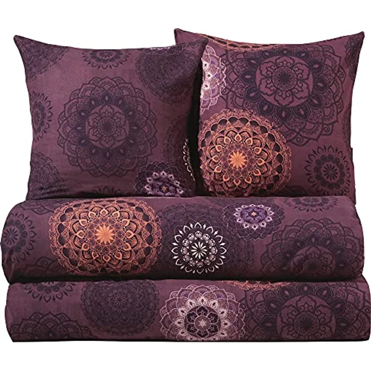 Erwin Müller Bettwäsche, Bettgarnitur Flanell 4-TLG. Sparpaket Mandala - mollig warm, temperaturregulierend, mit praktischem Reißverschluss - aubergine Größe 135x200 cm | 80x80 cm