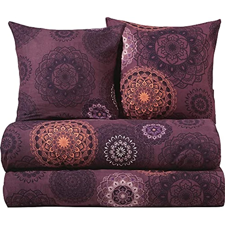 Erwin Müller Bettwäsche, Bettgarnitur Flanell 4-TLG. Sparpaket Mandala - mollig warm, temperaturregulierend, mit praktischem Reißverschluss - aubergine Größe 135x200 cm | 80x80 cm – Bild 1