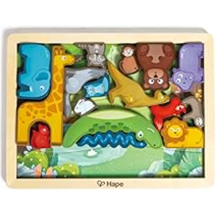 Hape Puzzle Tierreich I Tierpuzzle für Kinder I Fördert Problemlösungsfähgkeiten by Hape - LEBENDIGES TIERWELT-PUZZLE, 16 Tiere, Holzrahmen, ab 3 bis 6 Jahren