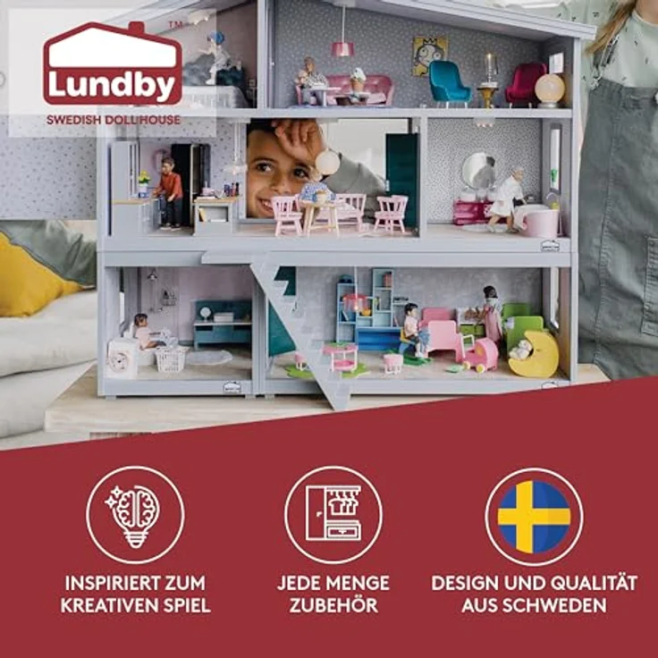 Lundby Puppenhaus – 2-stöckiges Miniatur Haus – Flexibel erweiterbar – Grau-weißes Dollhouse - Preisvergleich – Bild 2