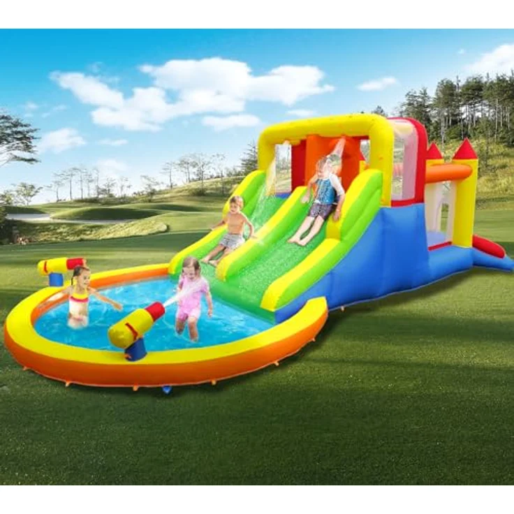 Ballsea Kinder Hüpfburg, aufblasbar ohne Gebläse, Trocken-/Wasserrutsche, Spielzentrum für 4-6 Kinder bis 200 kg, 6.28L x 2.93W x 1.95H m – Bild 1