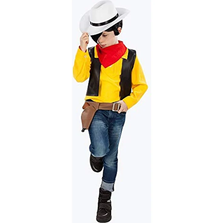 Maskworld Lucky Luke Kinderkostüm, 5-teiliges Cowboy-Set mit Hut, gelbes Hemd, schwarze Weste und Halstuch, Größe 110-116 – Bild 3