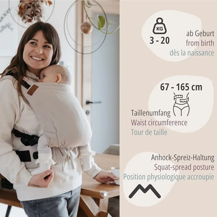 Hoppediz Babytrage Buckle, Fullbuckle für Neugeborene (3,5 - 20 kg) mit 2 Schnallen Optionen, ergonomisch verstellbar, in neutralem Design – Bild 5