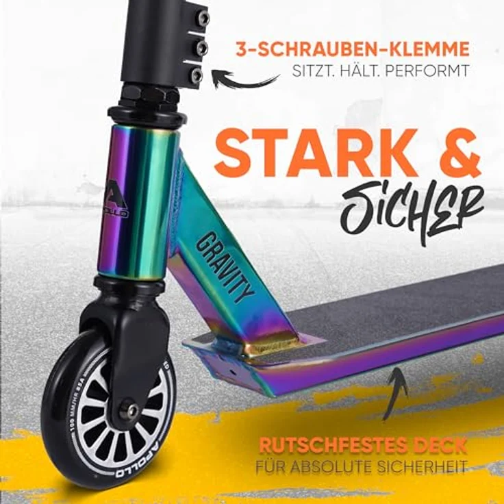 Apollo Stuntscooter Gravity, Kinder Roller für Tricks & Stunts, auch für Beginner, Aluminium, Rainbow – Bild 2