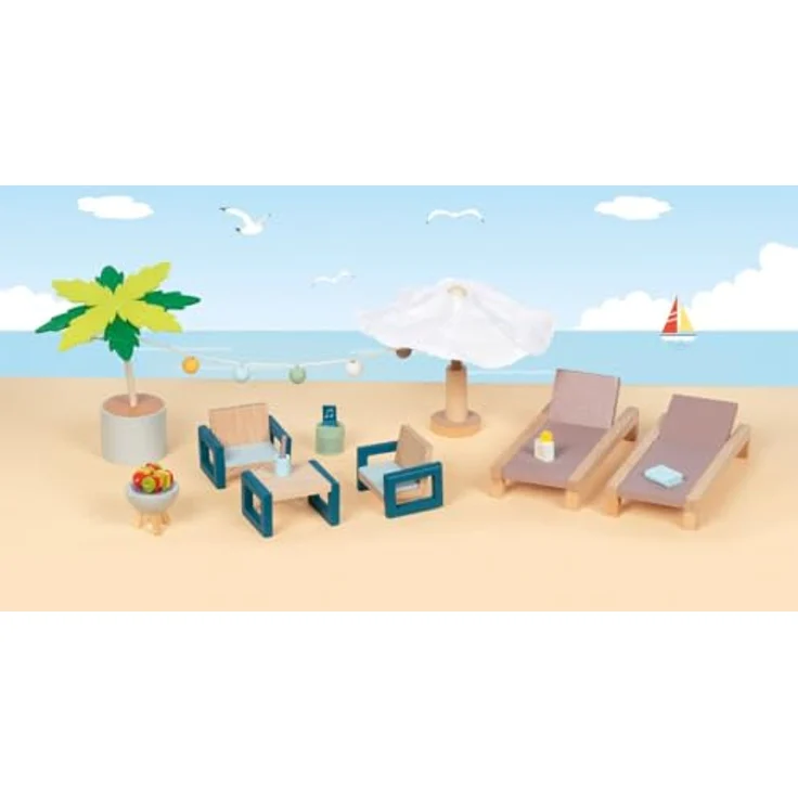 goki Puppenhausmöbel Outdoor Möbel Set Mallorca, 11tlg. für realitätsnahes Rollenspiel, robust aus Holz und Textil, ideal ab 3 Jahren – Bild 2