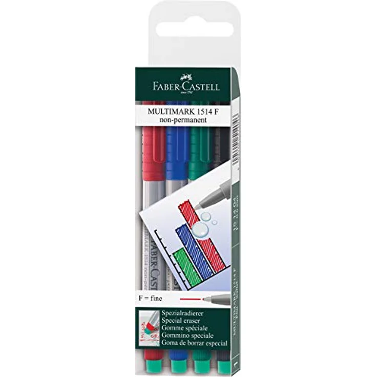 Faber-Castell Marker Multimark 151404, non-permanent, Stärke F, 4er Set in rot, blau, grün, schwarz im Etui – Bild 1