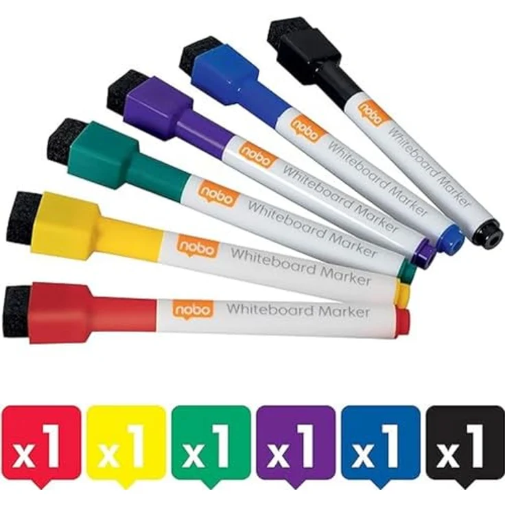 NOBO Mini Whiteboard Marker, magnethaftend und trocken abwischbar, 6 Stück sortiert in gelb, rot, blau, grün, lila und schwarz – Bild 3