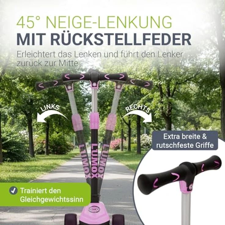 JUSKYS® Kinderroller Lumox Rosa, höhenverstellbarer Dreiradscooter mit LED-Rollen, klappbar, Hinterradbremse und Komfortfederung – Bild 4