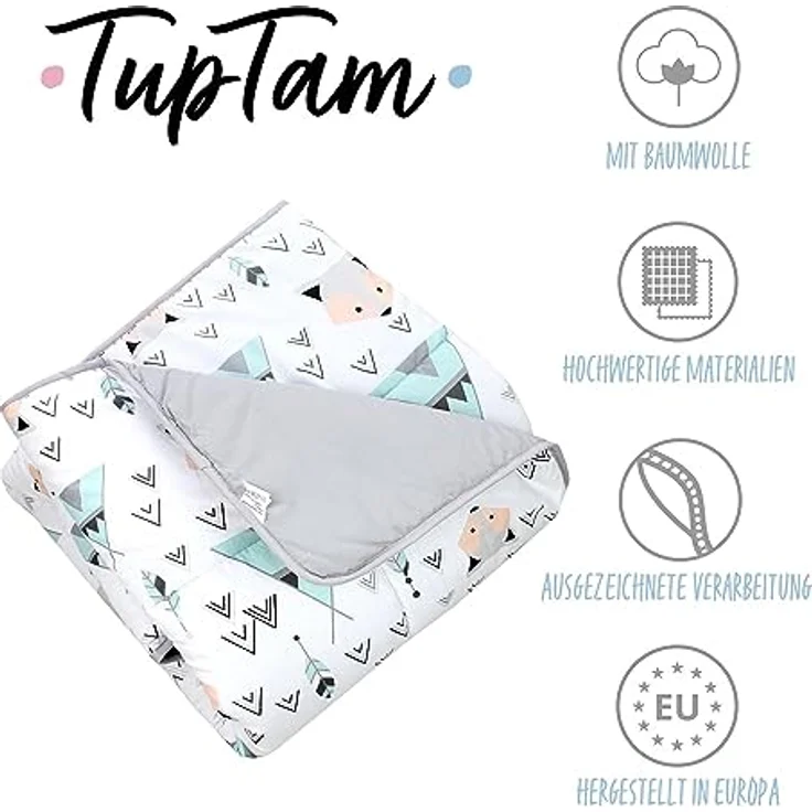 TupTam Krabbeldecke 120x120 cm - Gepolsterte Spieldecke aus 100% Baumwolle, OEKO-TEX, weich & hautfreundlich, Farbe: Grau/Fuchs Mint – Bild 2