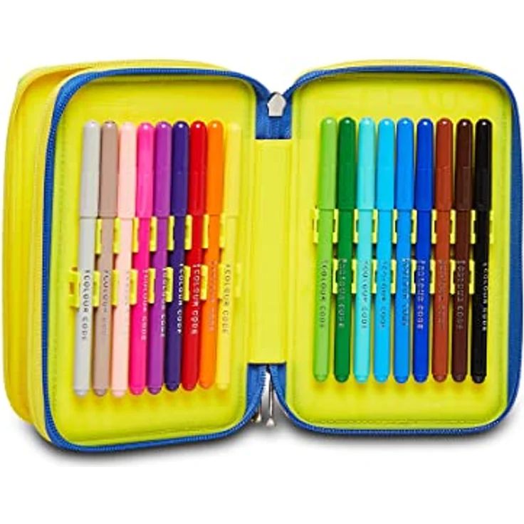 Seven Federmäppchen, mehrfarbiges Etui mit 3 Fächern, inklusive Stiften und Zubehör, XXL, gelb/blau, für Schule und Grundschule – Bild 4