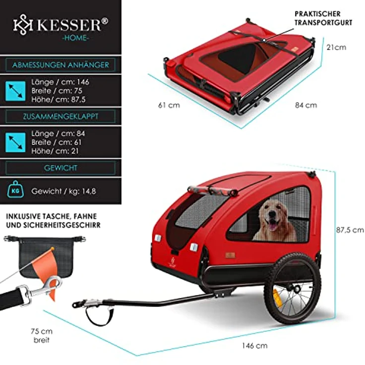 KESSER® Hundeanhänger Boxer 2-in-1 Hundebuggy Fahrradanhänger groß ca. 250L Volumen - Inkl. Fahne und Tasche - 600D Oxford Canvas, Klappbar SmartSpace Concept, maximale Belastbarkeit: 45kg Rot / Schwarz - Preisvergleich – Bild 8