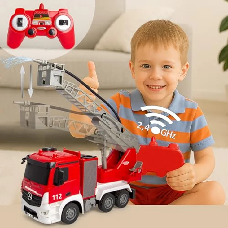Jamara Feuerwehr Drehleiter Mercedes-Benz Antos 1:26, ferngesteuertes Modell mit 2,4GHz Funkfernsteuerung und Spritzfunktion für Kinder ab 6 Jahren – Bild 2