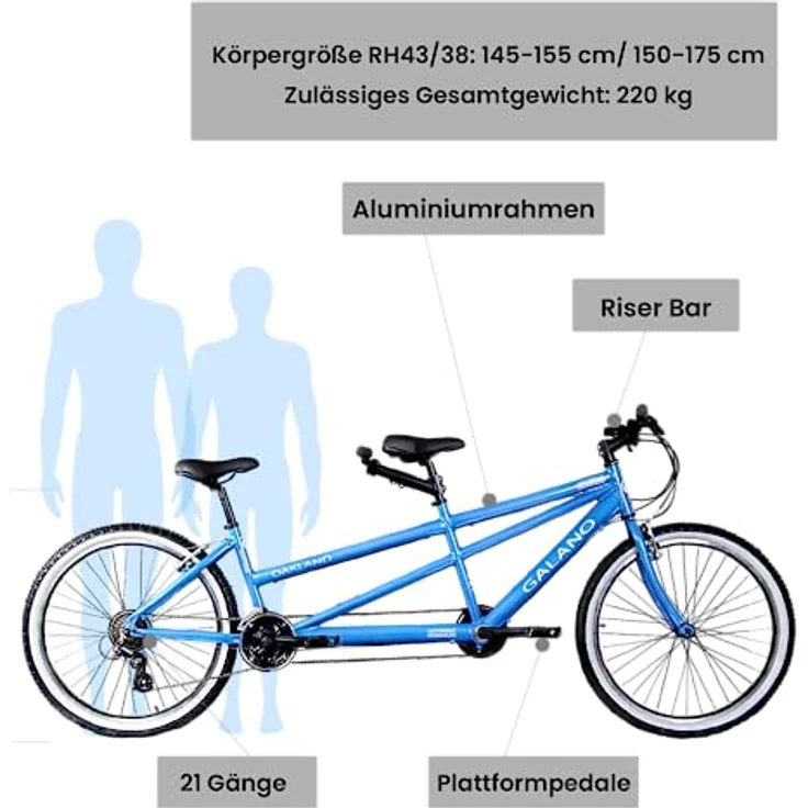 Galano Tandem Fahrrad 2 Personen Mountainbike 21 Gang Schaltung ab 145 cm Hardtail MTB Damen und Herren 26 Zoll mit Alurahmen Oakland (blau, 43/38 cm) – Bild 2