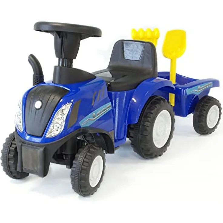 NATIV Rutschauto Traktor ab 1 Jahr | Kinderauto mit Anhänger | Rutschfahrzeug mit Schaufel und Rechen | Kinderfahrzeug in blau | Rutscher mit Soundtasten und Licht | Lizenziertes Kinderspielzeug