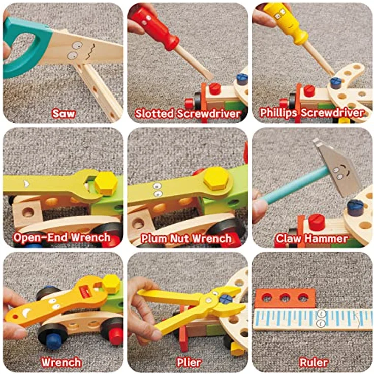 Withosent Werkzeugkoffer Kinder Holz, 34 Stück Werkzeug Kinder Holzspielzeug, Werkzeugsatz Holzwerkzeugen, DIY Autos Spielzeuge kinderspielzeug ab 3 Jahre Jungen Mädchen – Bild 4