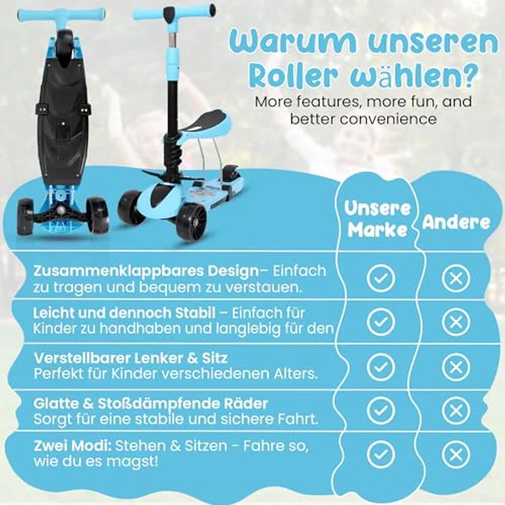 Habib Gruppe 3-in-1 Kinderroller mit Sitz, Dreirad Tretroller, Faltbar, Höhenverstellbar, mit LED Rädern, Blau, für Kinder ab 3 Jahren (bis 50kg) – Bild 4