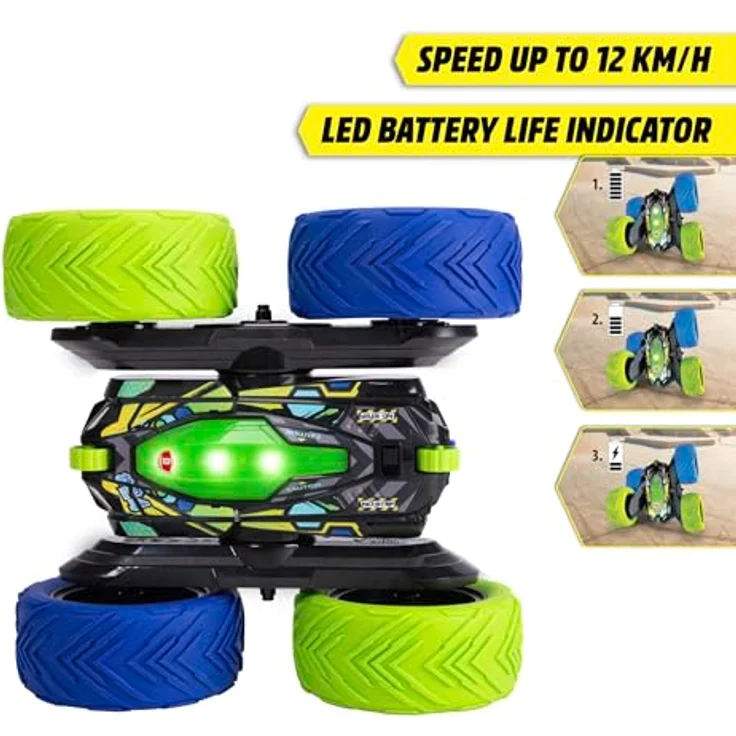 Dickie Cyber Flip RC Auto, ferngesteuertes Fahrzeug mit 360°-Stunts und LED-Licht, grün-blau – Bild 4