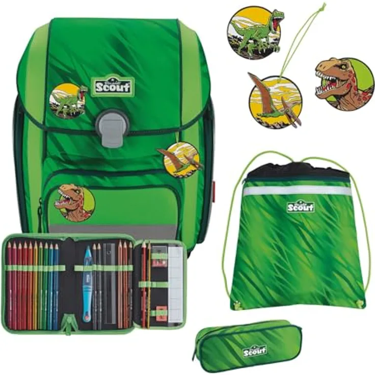 SCOUT Basic Genius Set 4-teilig, Schulranzen mit Dino Rex Design, inklusive zwei Schlampermäppchen und Sportbeutel, 28 x 39 x 16 cm