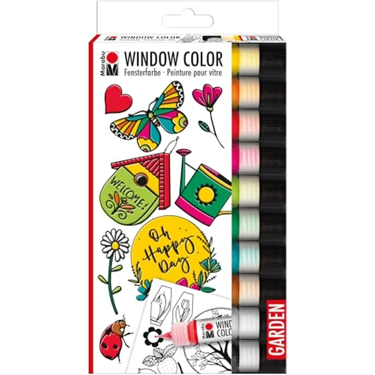 Marabu Window Color Garden, 10 x 25 ml transparente Fenstermalfarbe auf Wasserbasis, ablösbar, 20 Motive auf DIN A4 – Bild 1