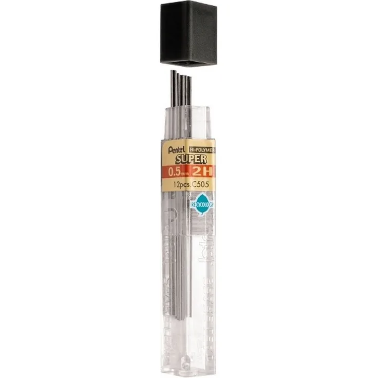 PENTEL Bleistift Feinminen Hi-Polymer 0,5mm 2H, stabile und elastische Mine, Dose mit 12 Stück