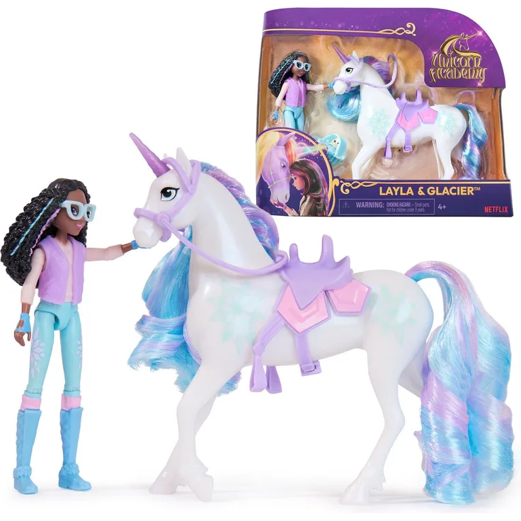 Spin Master Anziehpuppe Unicorn Academy - Small Doll & Unicorn - Layla & Glacier, 12 cm große Puppe mit Einhorn und 7 Gelenken, inkl. Bürste für Einhornpflege