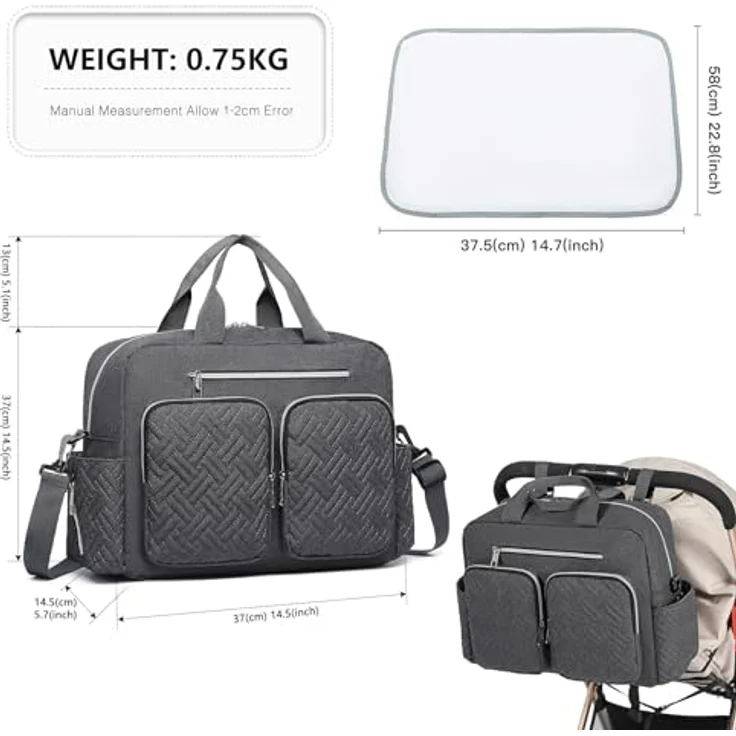 KONO Wickeltasche, große Windeltasche zum Aufhängen am Kinderwagen mit isolierten Fächern, Wickelauflage, wasserdicht und leicht (Dunkelgrau, 37x37x14,5cm) – Bild 5