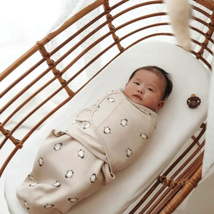 Meyco Pucktuch SwaddleMeyco 1.0 TOG, Einschlagdecke aus 100% Baumwolle, atmungsaktiv, Größe S/M, Farbe: Penguin Soft Sand – Bild 2