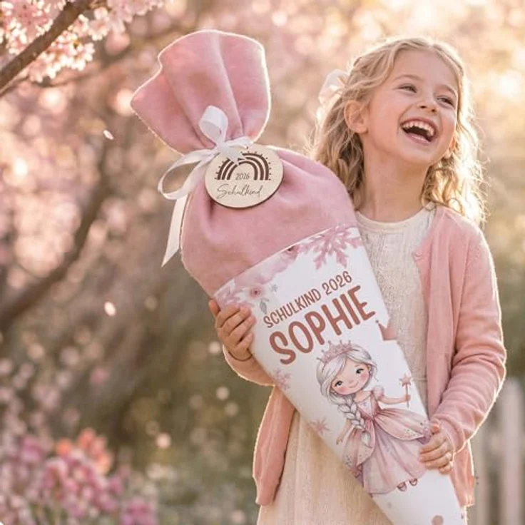 Kidsmood personalisierte Schultüte Prinzessin, Zuckertüte für Einschulung inkl. Rohling, Filz-Stoff & Holzschild, rosa, für Schulkind 2026 – Bild 3