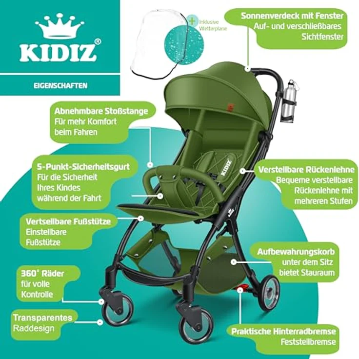 KIDIZ® Kinderwagen Premium Kinderbuggy klappbar, Liegebuggy mit 360° Rädern, 5-Punkt Gurt, Getränkehalter & Regenabdeckung, verstellbare Rückenlehne & Sonnenverdeck, Khaki – Bild 2