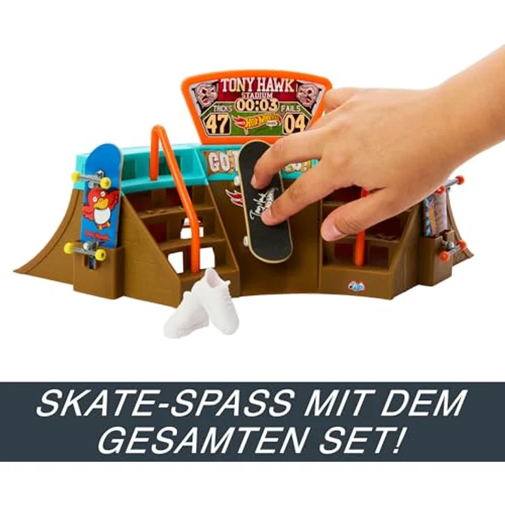 Hot Wheels Skate Stadion-Set mit exklusivem Fingerboard, das in Zusammenarbeit mit Tony Hawk entworfen wurde, 1 Paar abnehmbare Skate-Schuhe, Spielzeugaufbewahrung für Finger-Skateboards - HPG34 – Bild 3