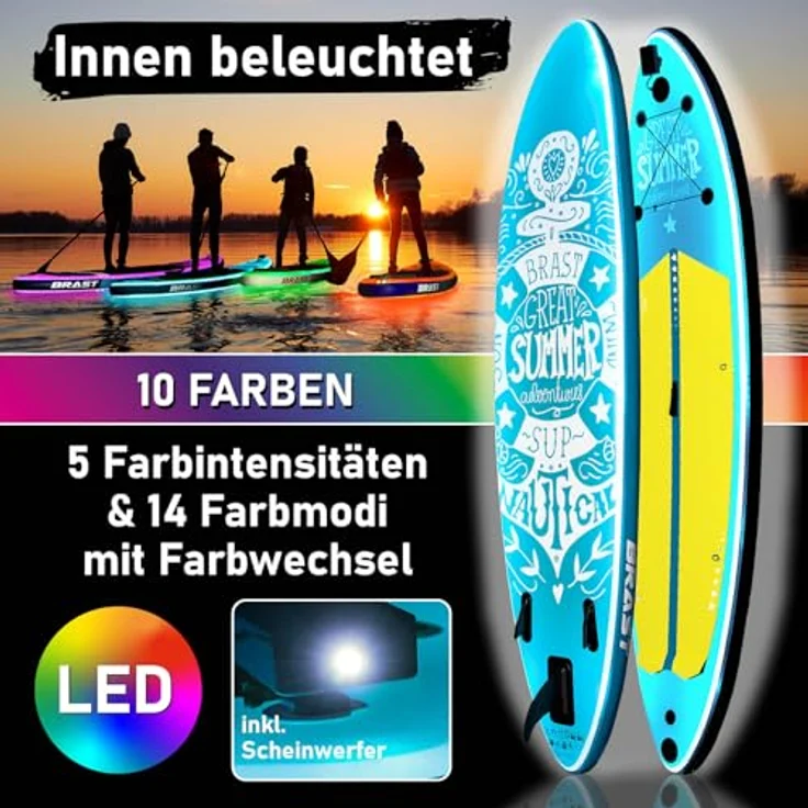 BRAST SUP Board mit LEDs, aufblasbares Stand Up Paddling Set 320x81x15cm, 10 Farben LED-Beleuchtung, 5 Jahre Garantie, inkl. 2in1 Paddel Kajak-Sitz, Action-Cam-Halterung, Fußschlaufe – Bild 2