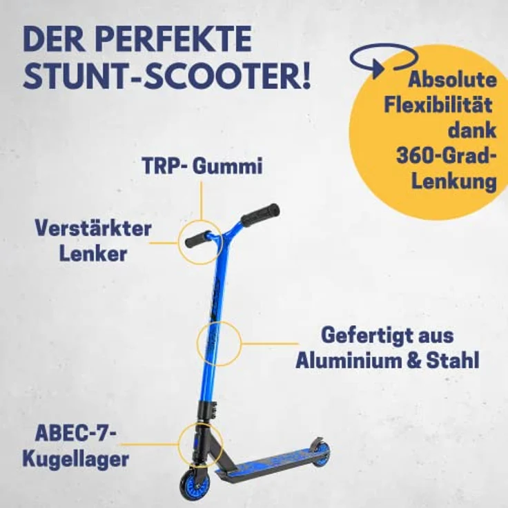 Best Sporting Scooter Erwachsene, Trick-Roller aus Aluminum, schwarz - blau, Stunt-Scooter mit 360-Grad-Lenkung – Bild 3