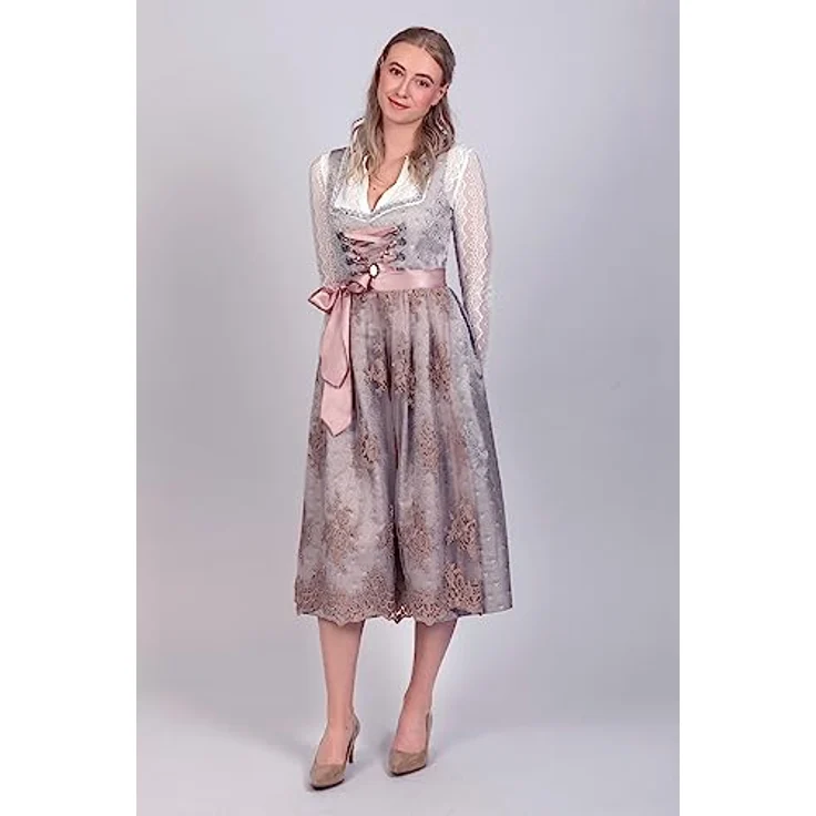 Edelnice Dirndl Aurelie, langes Trachtenkleid mit edlem Silberglanz und Rose-Tönen – Bild 6