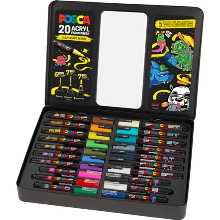 Faber-Castell uni-ball 186830 - POSCA Marker Set, 20er Etui, inkl. Anleitungen für 3 Graffiti Charaktere, wasserbasierte Tinte, verschiedene Spitzen – Bild 1