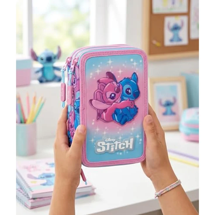 Clondo 3-Fach Federmäppchen Mädchen Gefüllt für Stitch Fan, 46-teiliges Set mit radierbaren Gelstiften, Filzstiften und Buntstiften – ideal für Schule & Geschenke 6-12 Jahre – Bild 5